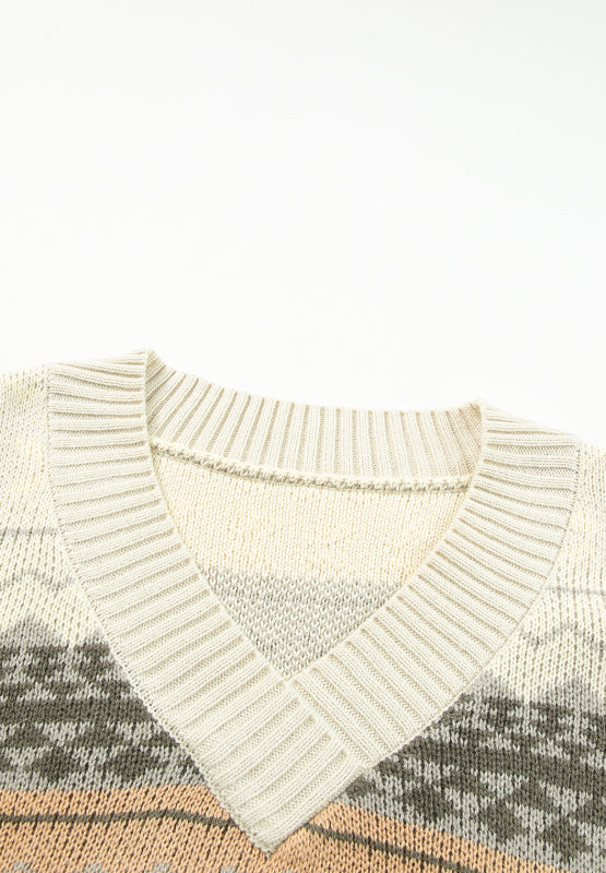 Geometric V-Neck Dropped Shoulder Sweater