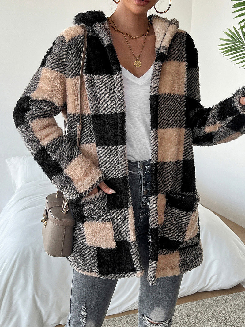 Devine Fuzzy Plaid Open Front Hooded Jacket