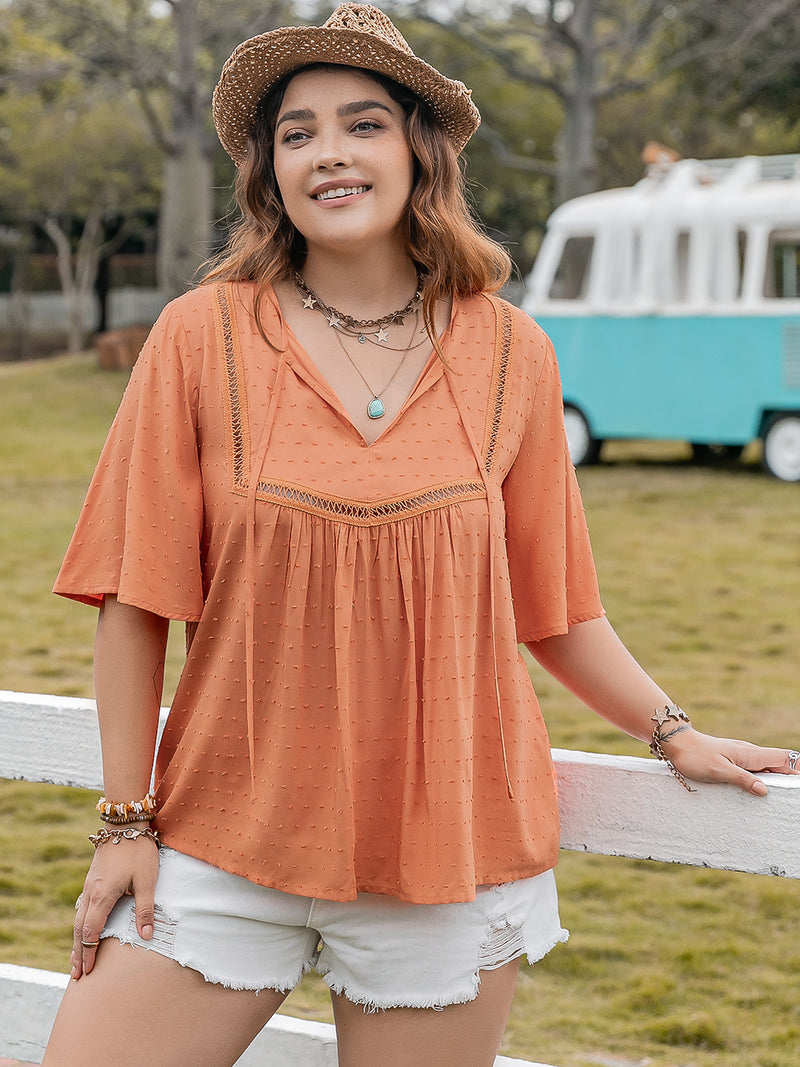 Plus Size Ruched Tie Neck Half Sleeve Blouse