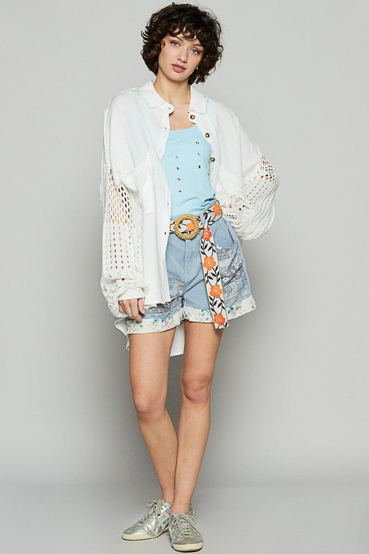 POL Openwork Lantern Sleeve Button Down Gauze Shirt