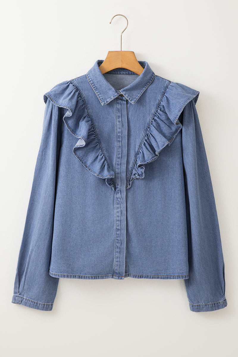 Ruffled Collared Neck Long Sleeve Denim Top