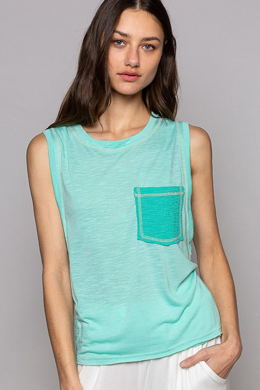 Round Neck Sleeveless Pocket Front Solid Top in Blue