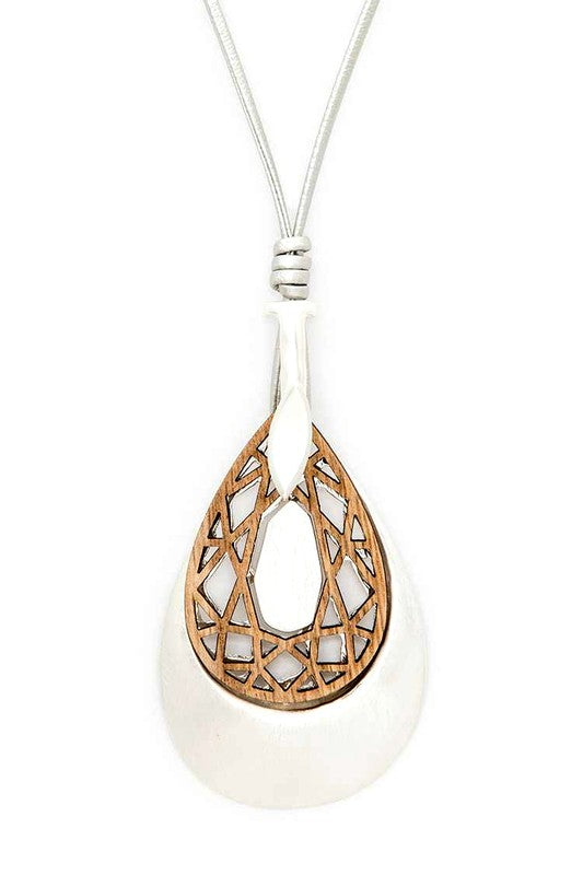 Carved Wood Metal Teardrop Pendant Necklace