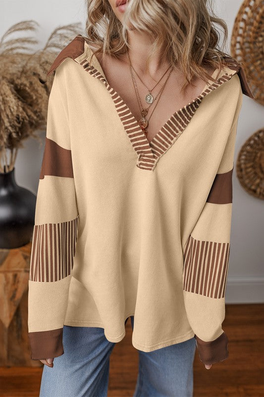 Striped Colorblock Patchwork Collar Sweatshirt