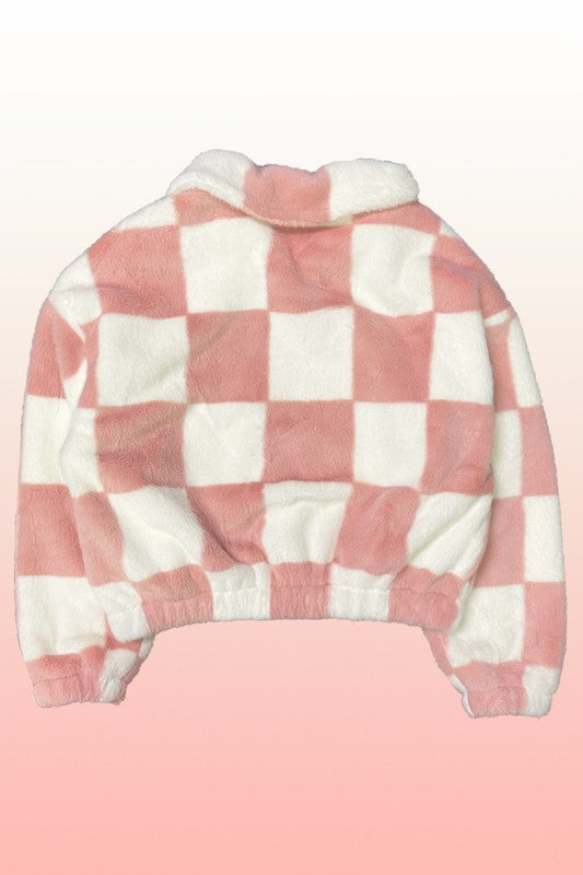 Fuzzy checkered zip front jacket