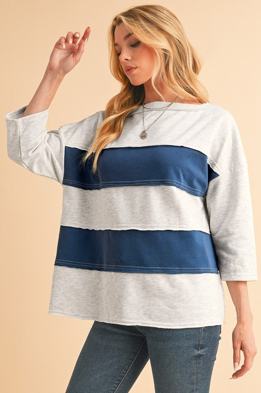 Striped Patchwork Raw Edge Sweatshirt