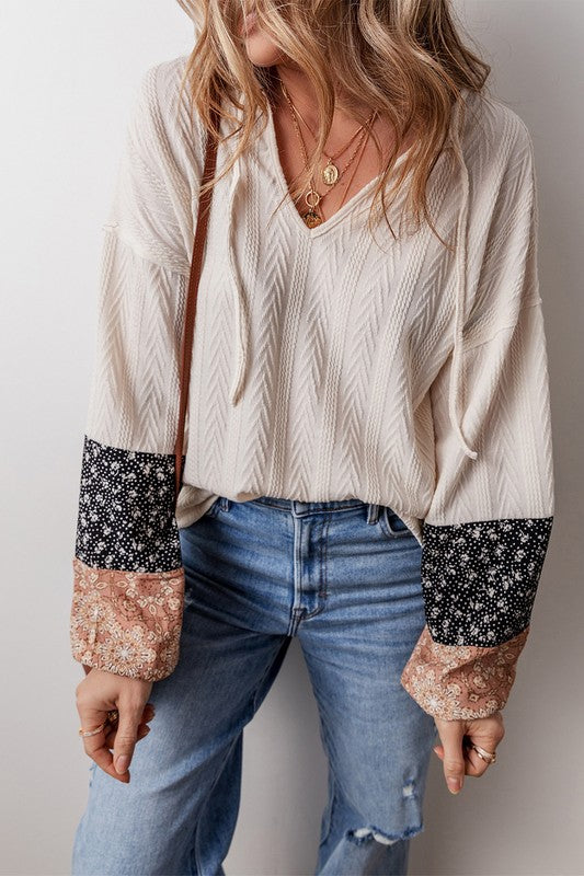 Patchwork Textured Knit Drawstring V Neck Blouse