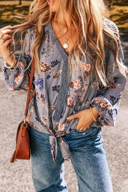 Floral Lace Patchwork Knot Front V Neck Blouse