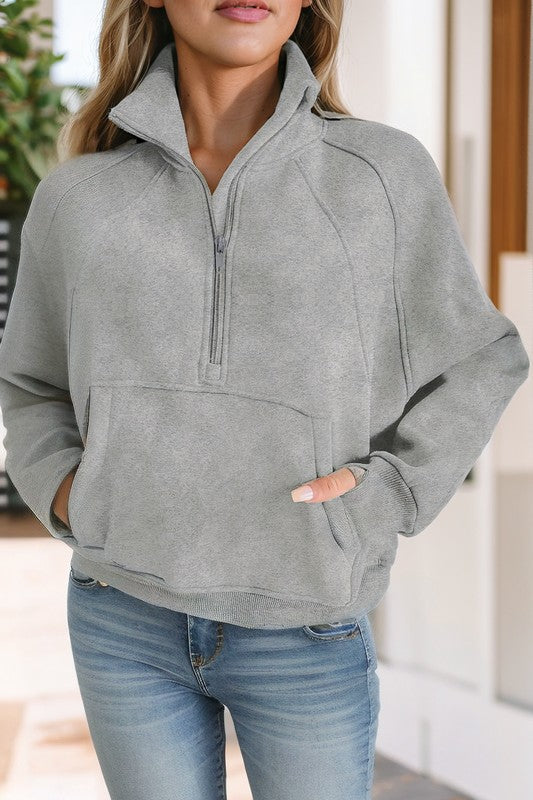 Stand Collar Ribbed Thumbhole Sleeve Sweatshirt