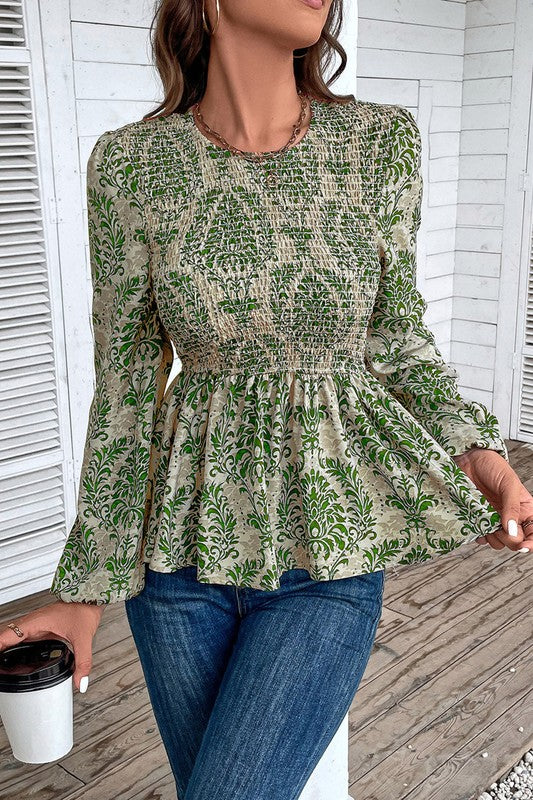 Ethnic Print Balloon Sleeve Smocked Peplum Blouse