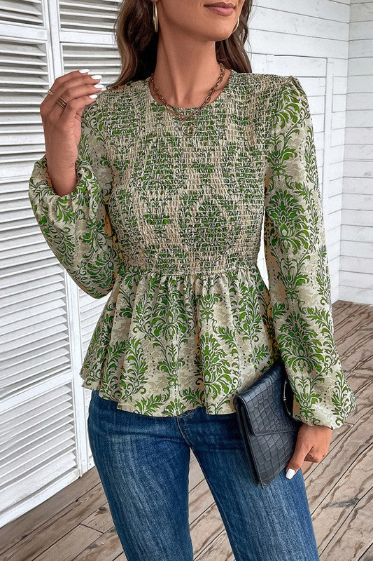 Ethnic Print Balloon Sleeve Smocked Peplum Blouse