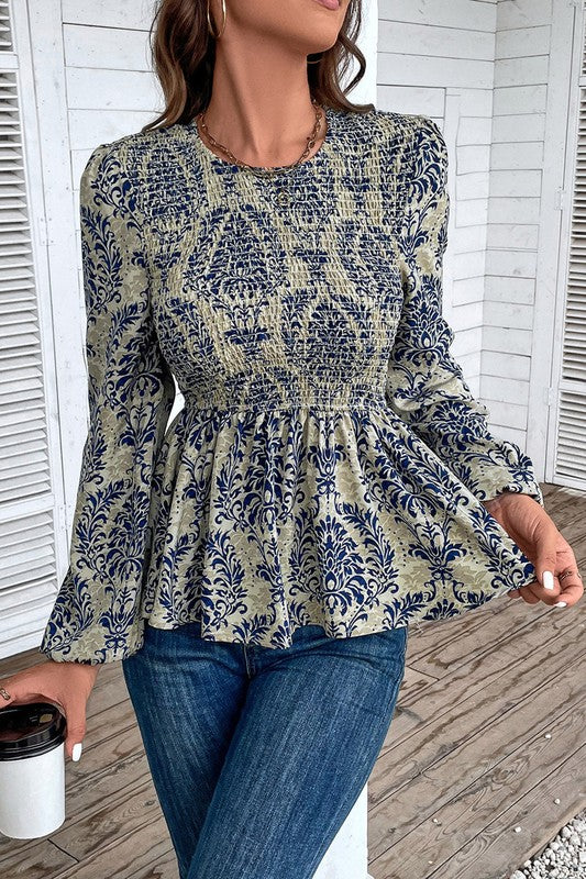 Ethnic Print Balloon Sleeve Smocked Peplum Blouse