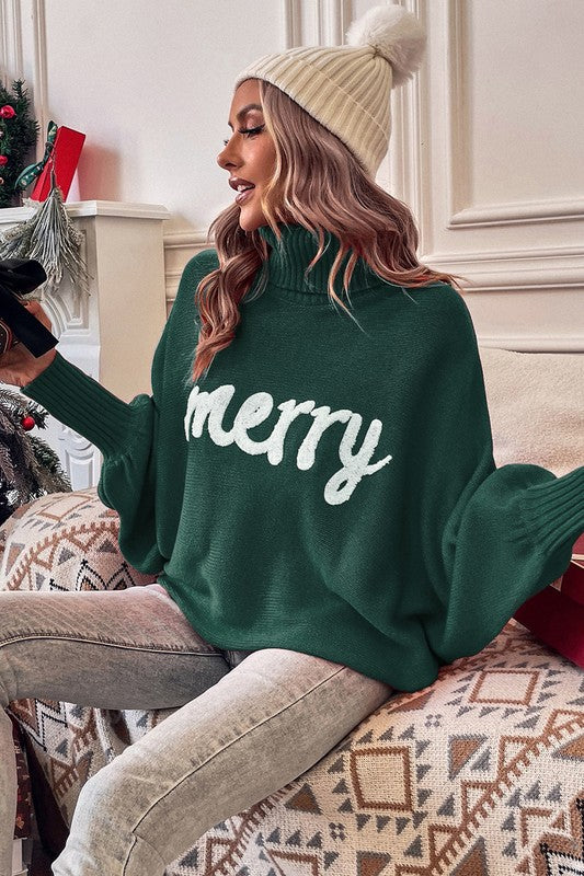 Turtle Neck Batwing Sleeve Merry Christmas Sweater