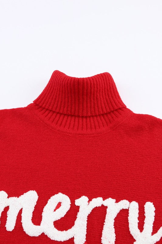 Turtle Neck Batwing Sleeve Merry Christmas Sweater