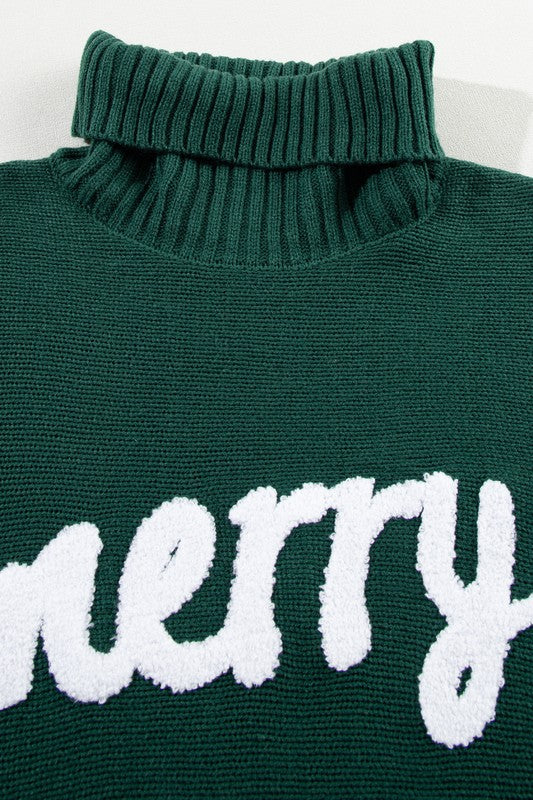 Turtle Neck Batwing Sleeve Merry Christmas Sweater