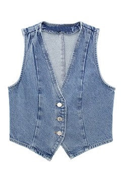 Cropped button front denim vest