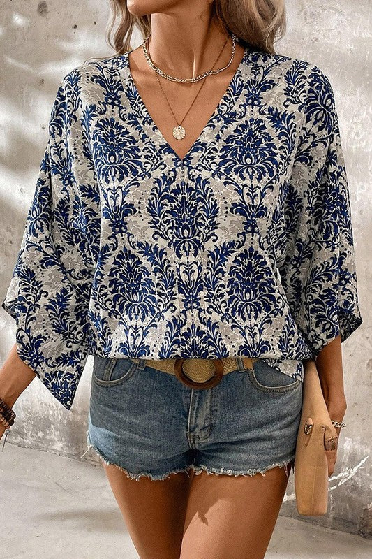 Women Flower Tree Quarter Sleeve V Neck Blouse