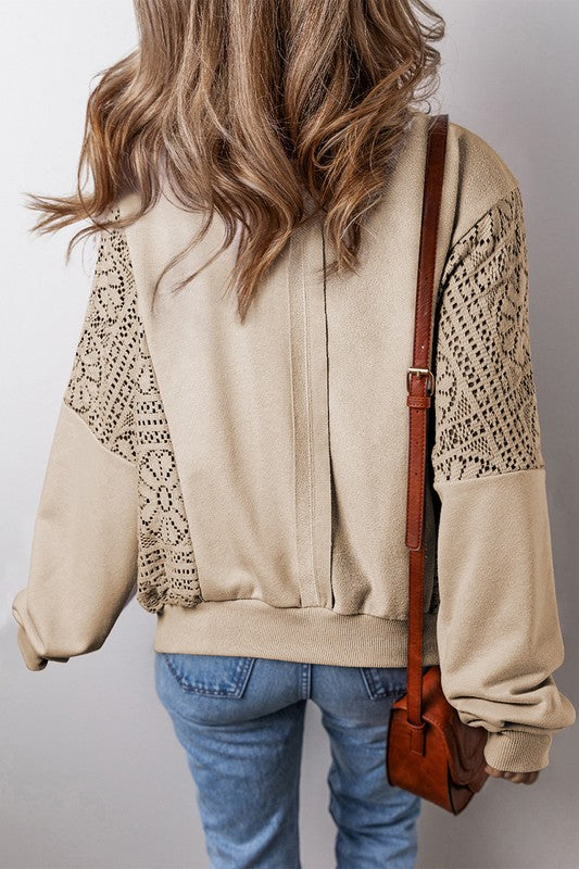 Knit Crochet Exposed Seam Ribbed Trim Sweatshirt