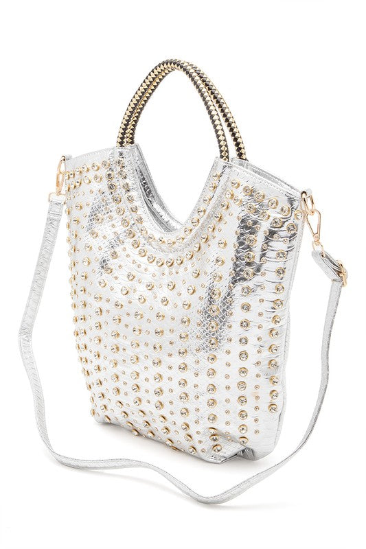 Crystal Studs Embellished Top Handle Tote Bag