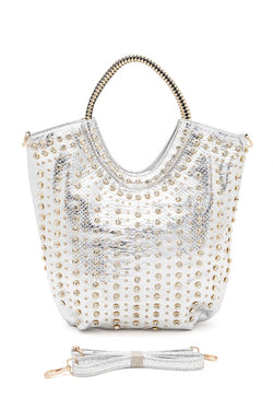 Crystal Studs Embellished Top Handle Tote Bag