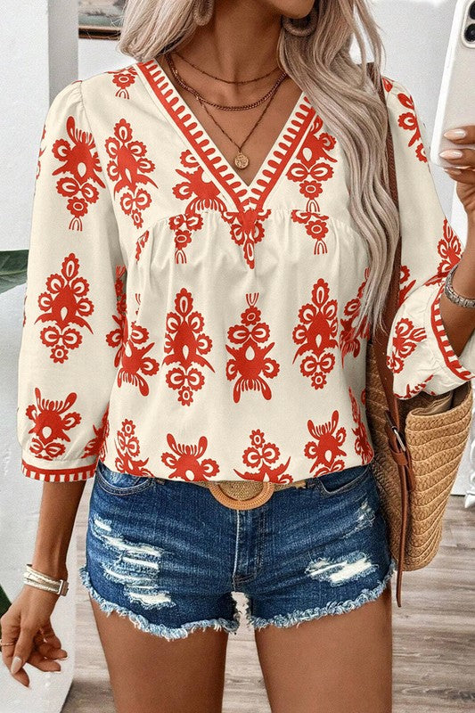 Women Geometric Printed 3/4 Sleeve V Neck Blouse