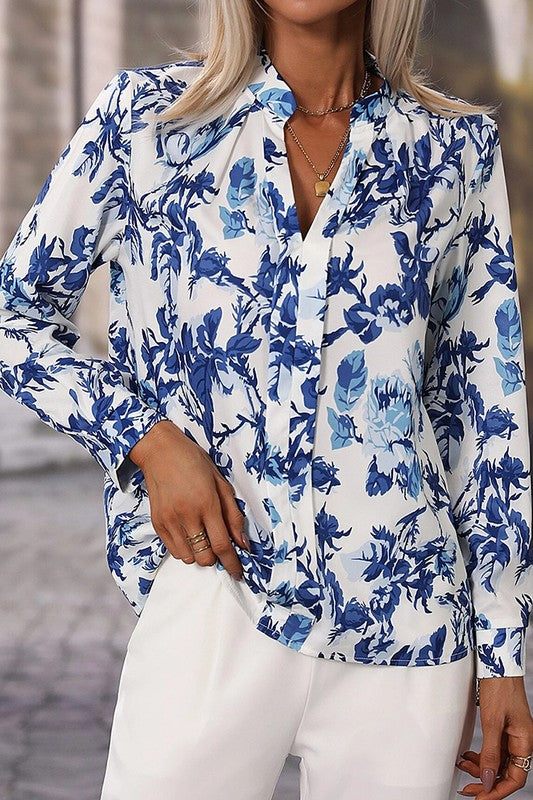 Sky Blue Floral Print Notched Neck Elegant Blouse