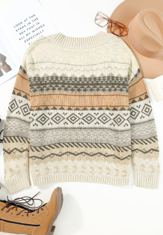 Geometric V-Neck Dropped Shoulder Sweater