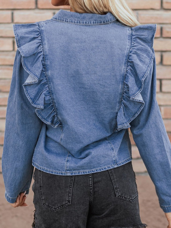 Ruffled Collared Neck Long Sleeve Denim Top