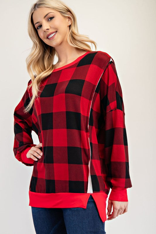 Celeste Full Size High-Low Plaid Round Neck Sweatshirt