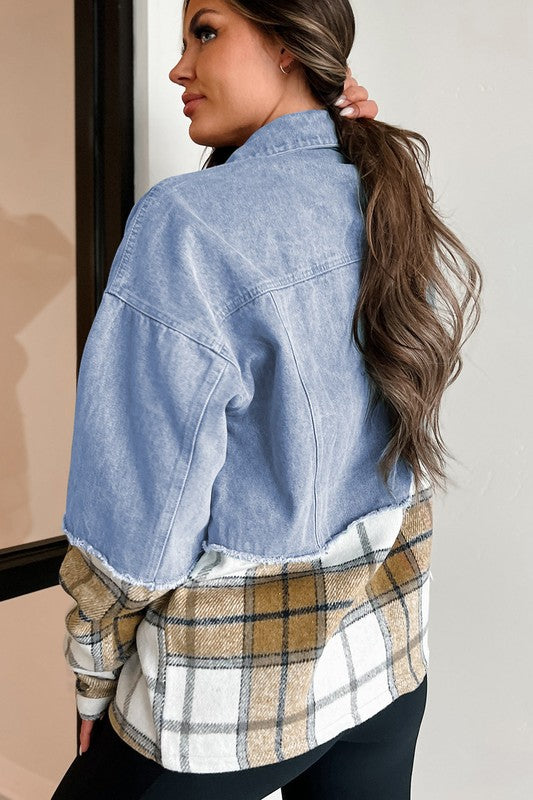 Plaid Patchwork Buttoned Oversized Denim Jacket