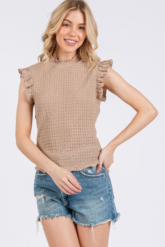 Ces Femme Texture Mock Neck Ruffle Cap Sleeve Blouse