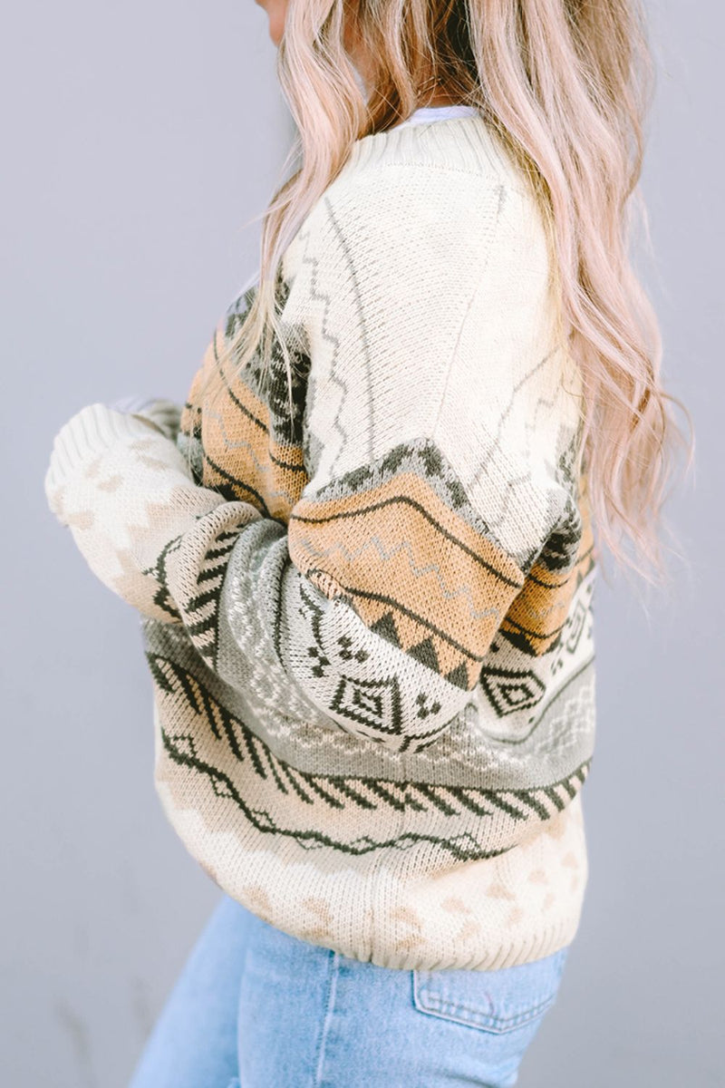 Geometric V-Neck Dropped Shoulder Sweater