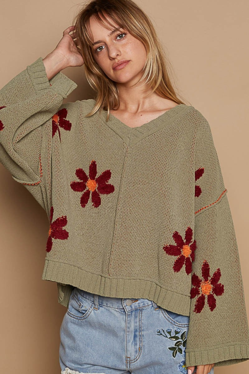 POL V-Neck Floral Pattern Chenille Sweater