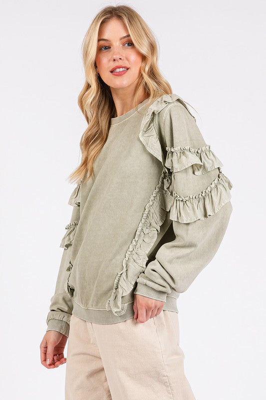 Mittoshop Ruffled Mineral Washed Round Neck Long Sleeve Sweatshirt