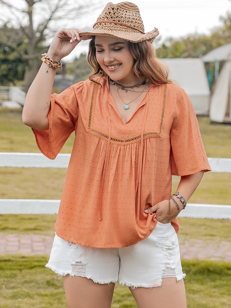Plus Size Ruched Tie Neck Half Sleeve Blouse