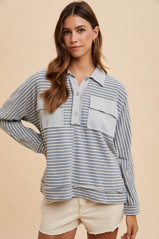 Annie Wear Striped Button Detail Long Sleeve Polo Top