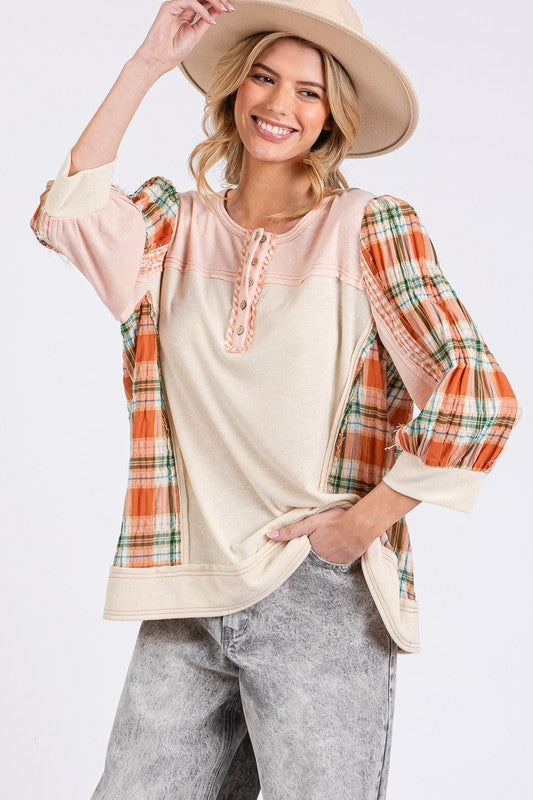 SAGE + FIG Exposed Seam Button Detail Plaid Top