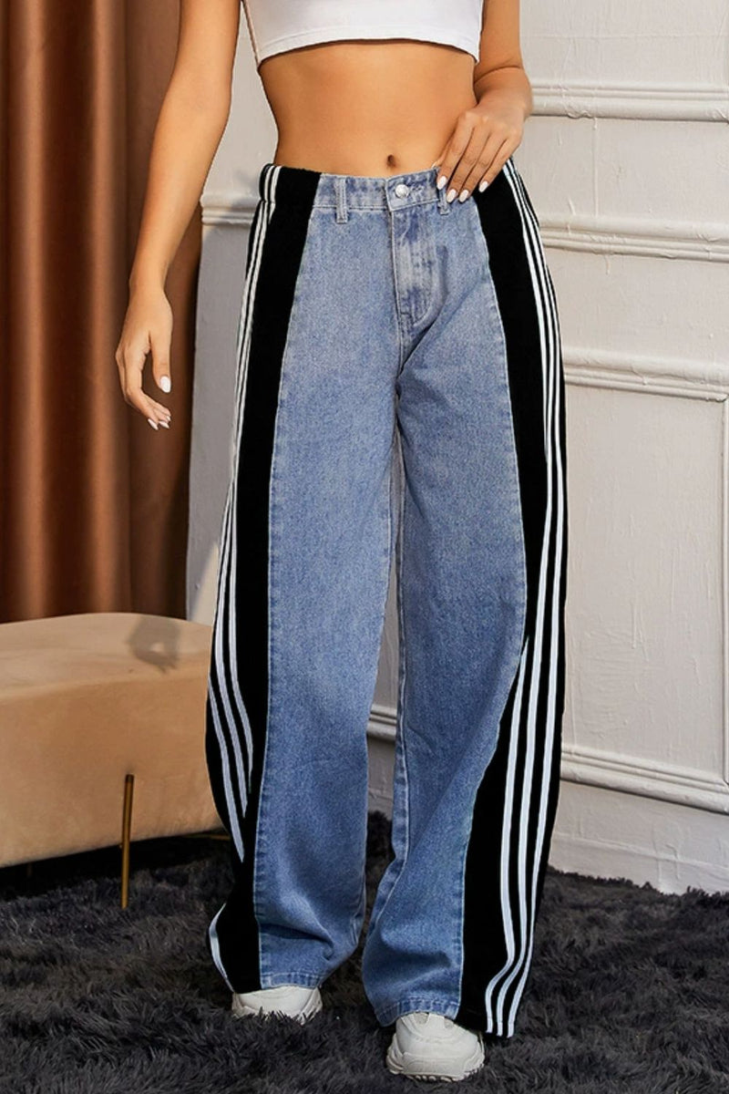 Contrast Side Striped Wide Leg Jeans