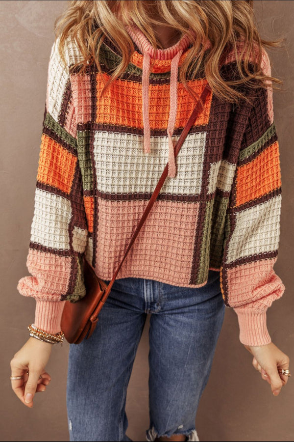 Drawstring Color Block Mock Neck Sweater