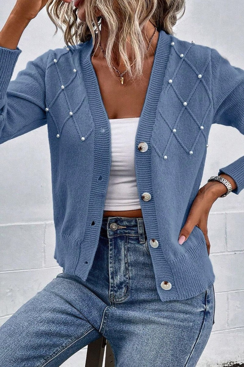 Beaded V-Neck Button Up Long Sleeve Cardigan