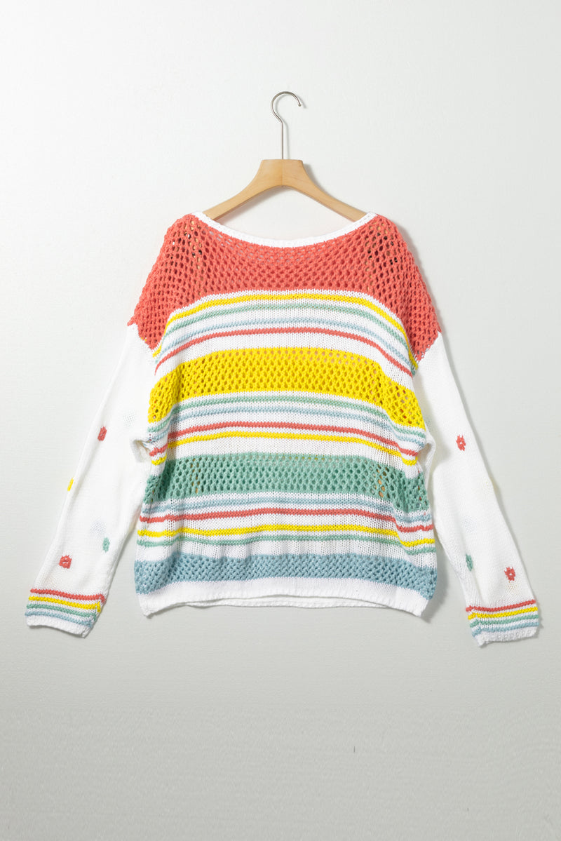 Hollow Striped Color Block Round Neck Sweater