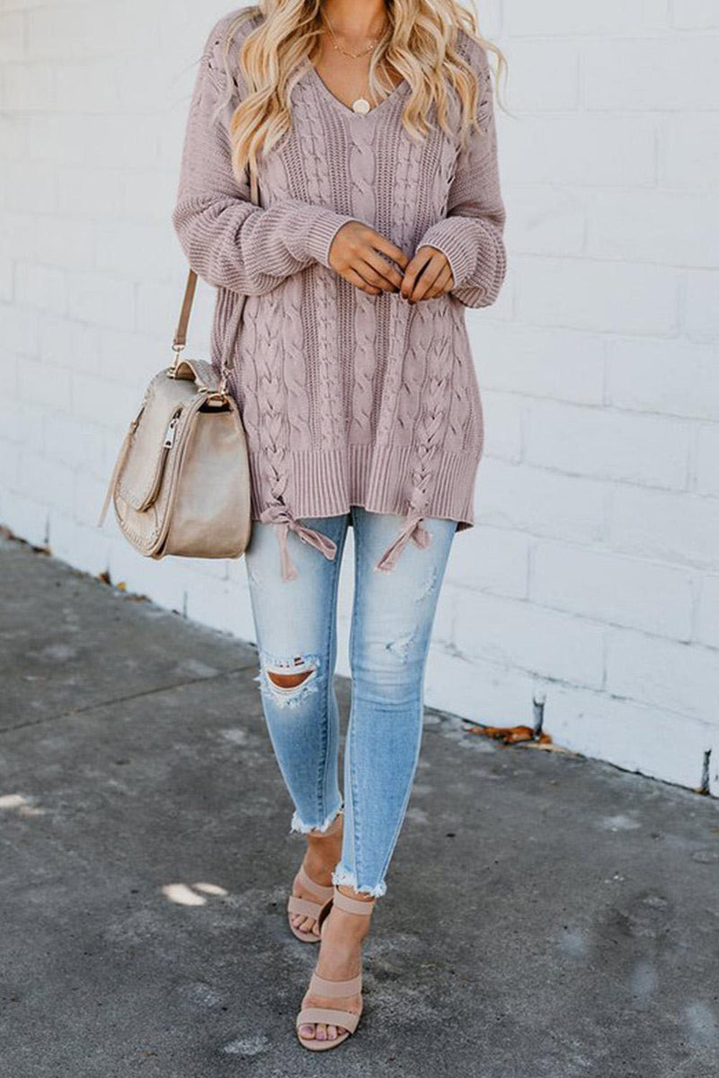 Cable Knit Lace Up V-Neck Sweater