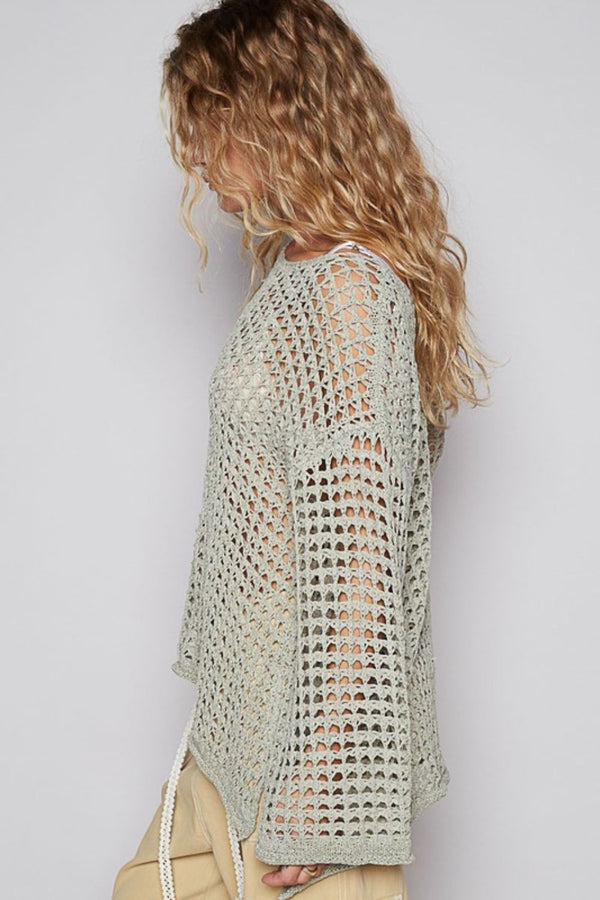 POL Side Slit Openwork Long Sleeve Knit Cover Up