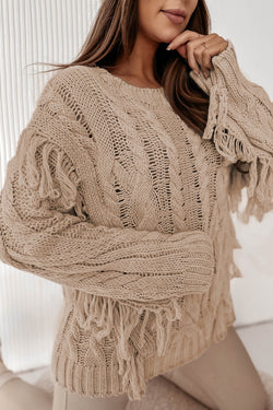 Cable Knit Fringe Round Neck Long Sleeve Sweater