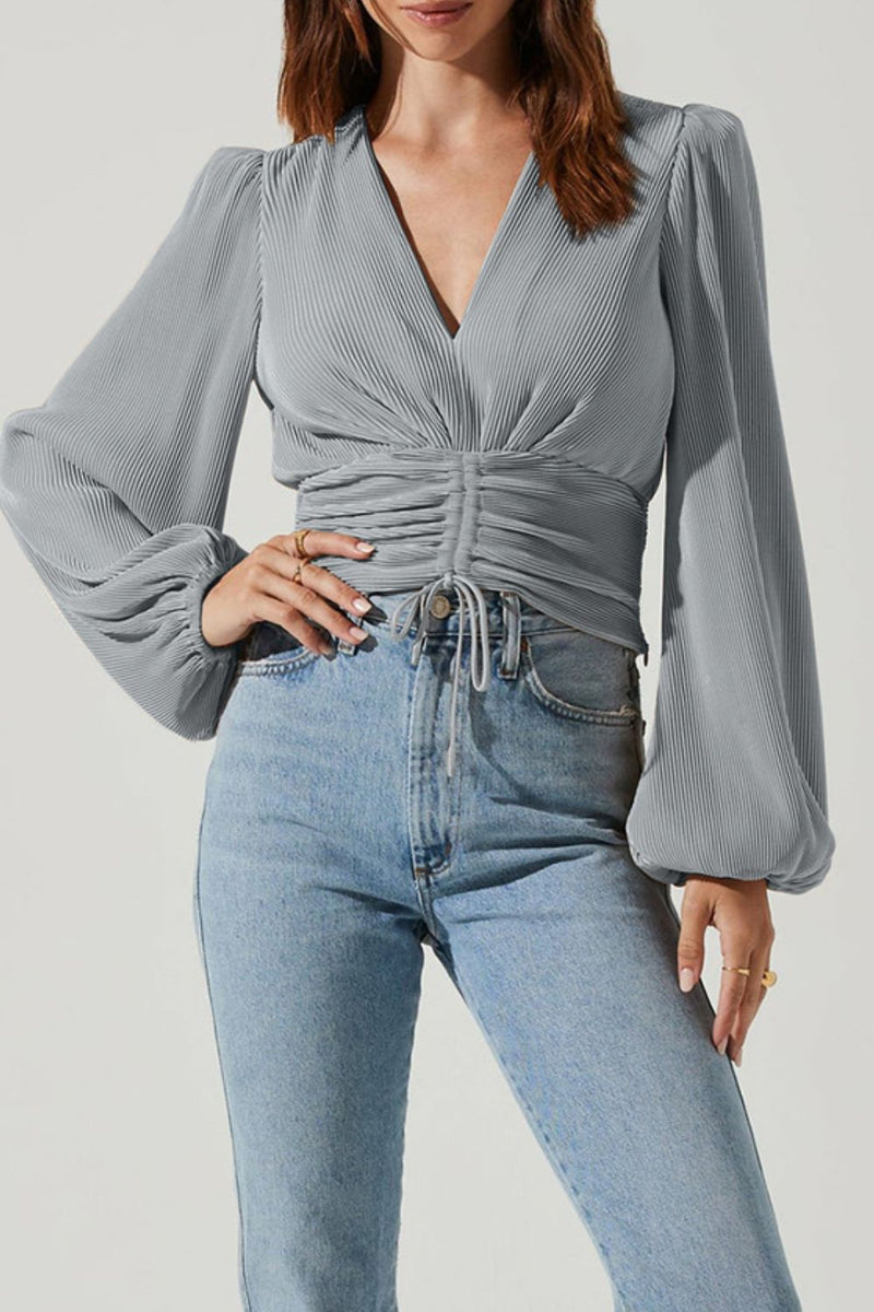 Drawstring V-Neck Long Sleeve Blouse