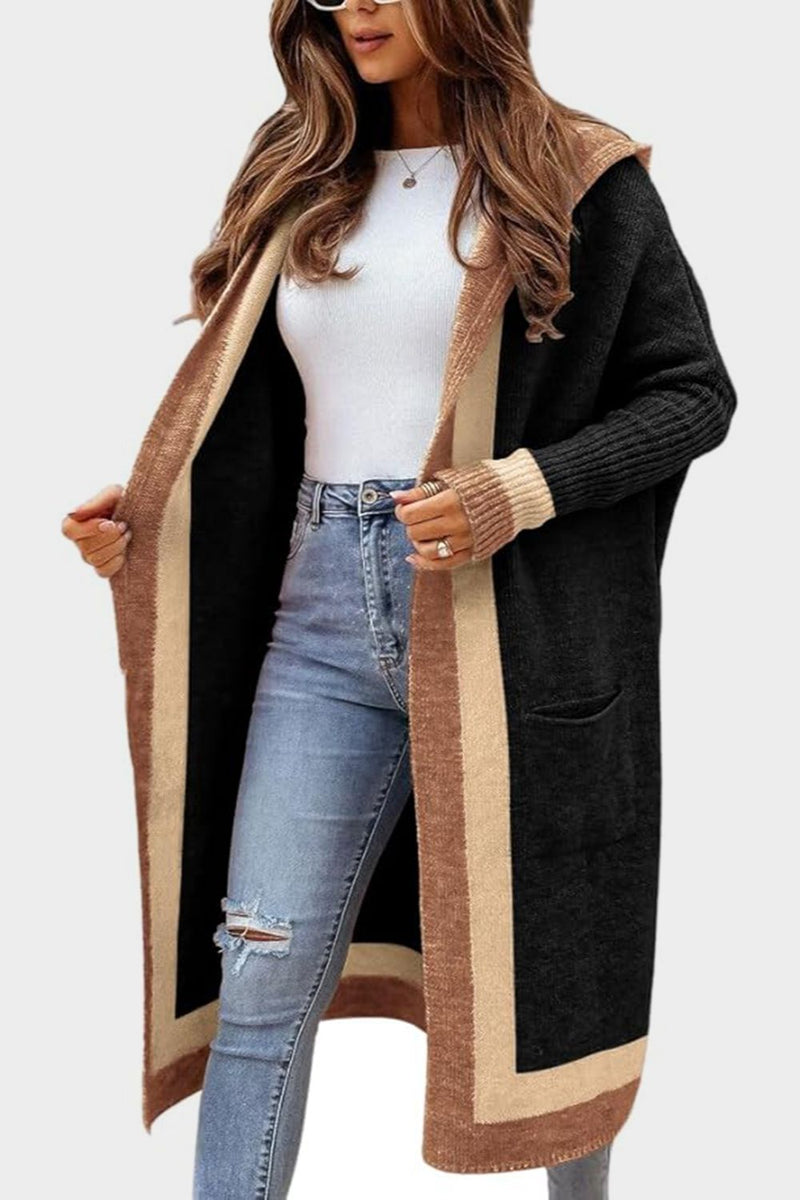 Pocketed Contrast Long Sleeve Hooded Cardigan