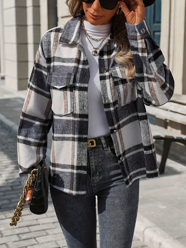 Plaid Button Up Drop Shoulder Jacket