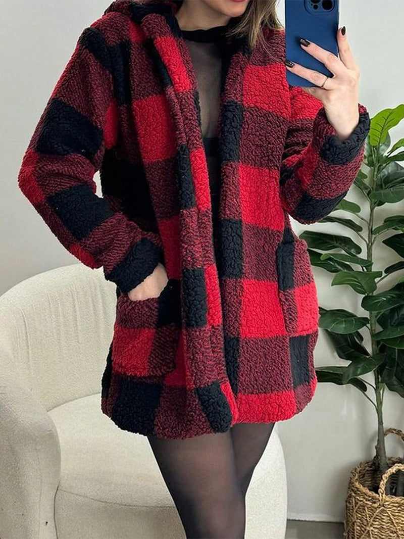 Devine Fuzzy Plaid Open Front Hooded Jacket