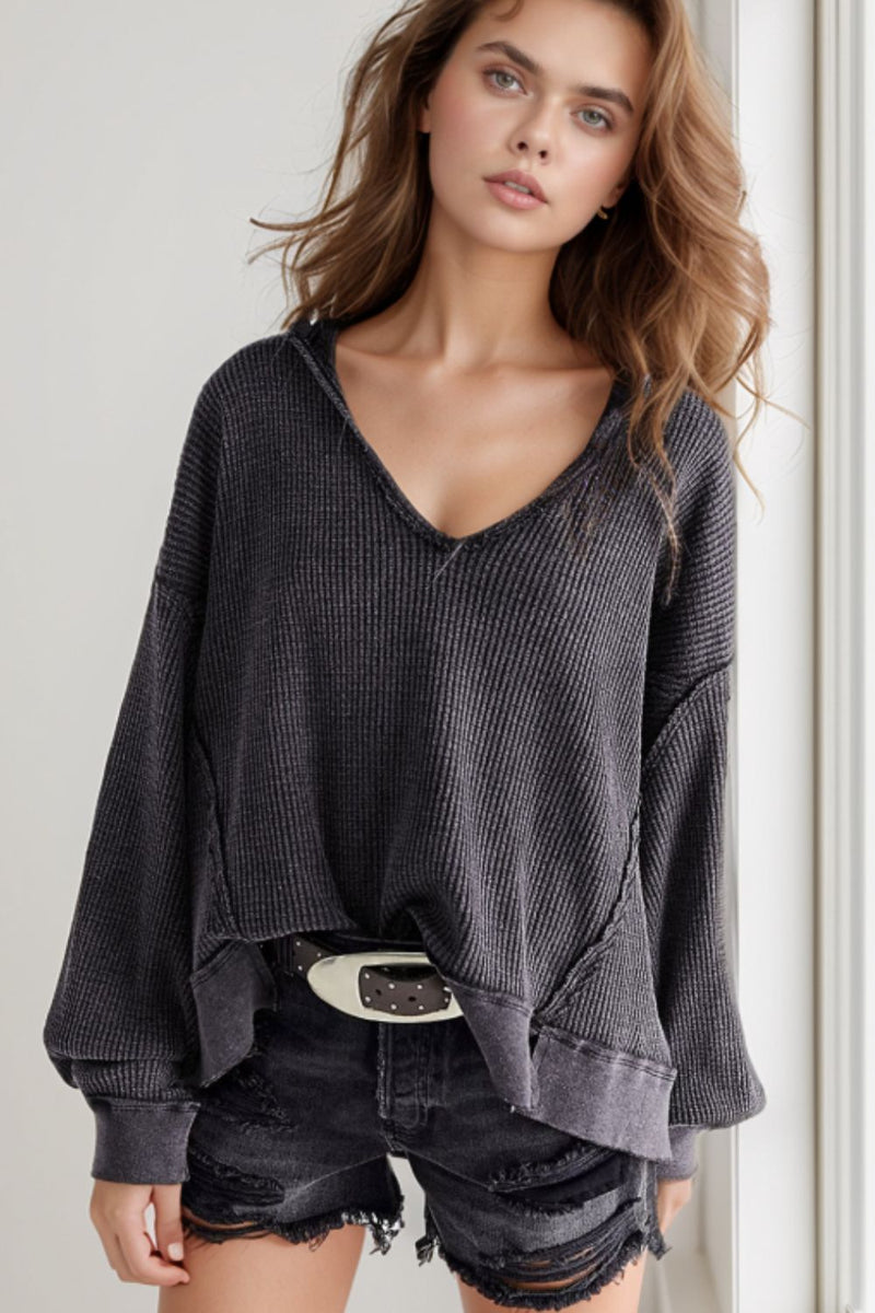 Waffle-Knit Notched Long Sleeve Sweatshirt