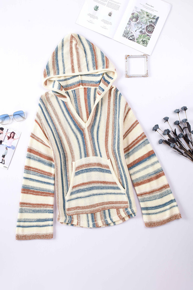 Contrast Striped Dropped Shoulder Hooded Knit Top